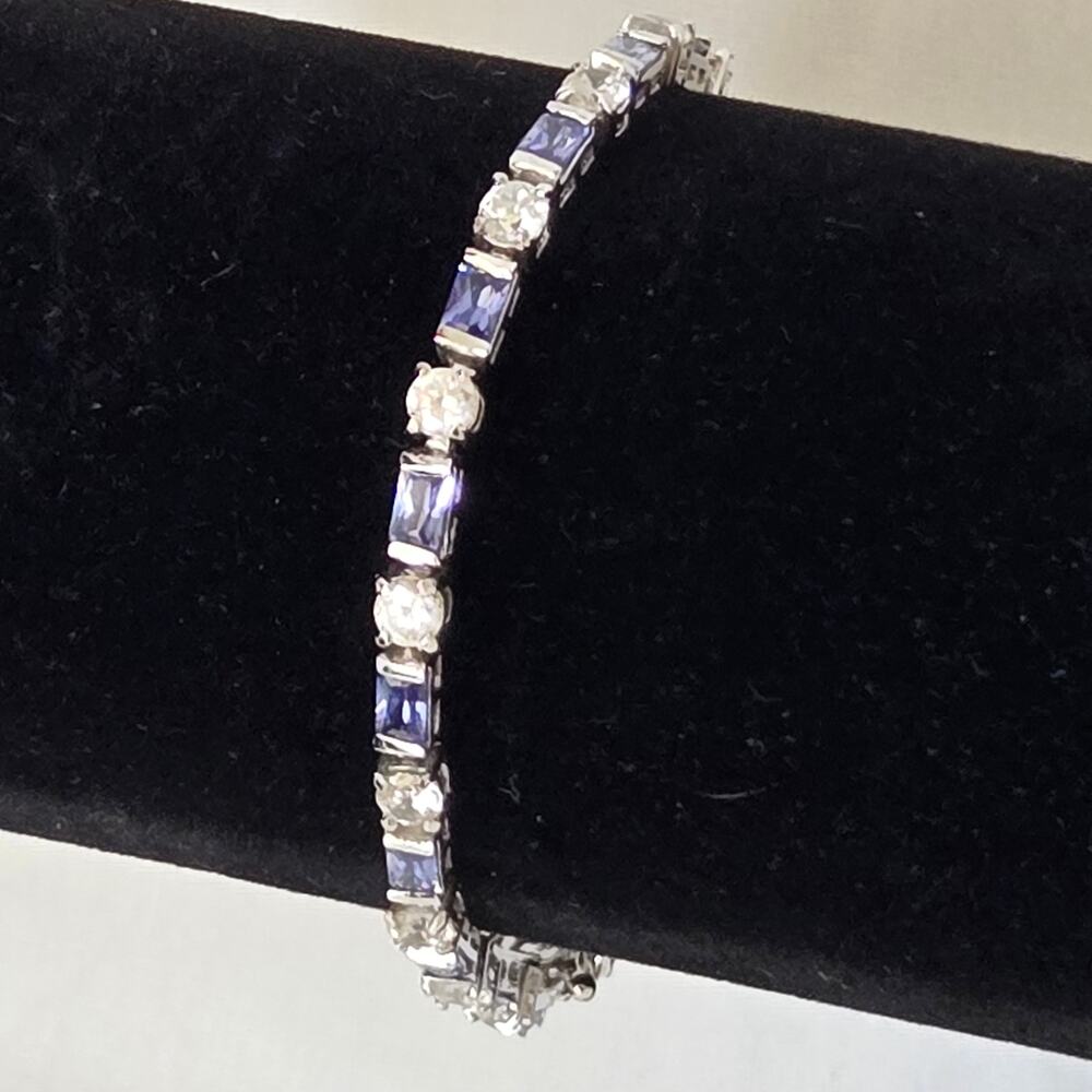 Sterling Tennis Bracelet w/Synthetic Diamond and Sapphire 7.5" Huge Sparkles